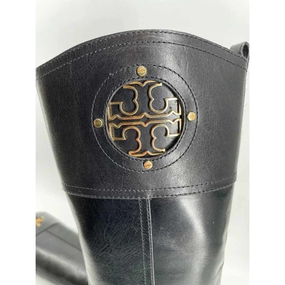 Tory Burch Riding Boots Womens 5M Black Leather Kiernan Gold Logo‎ Tall Zip